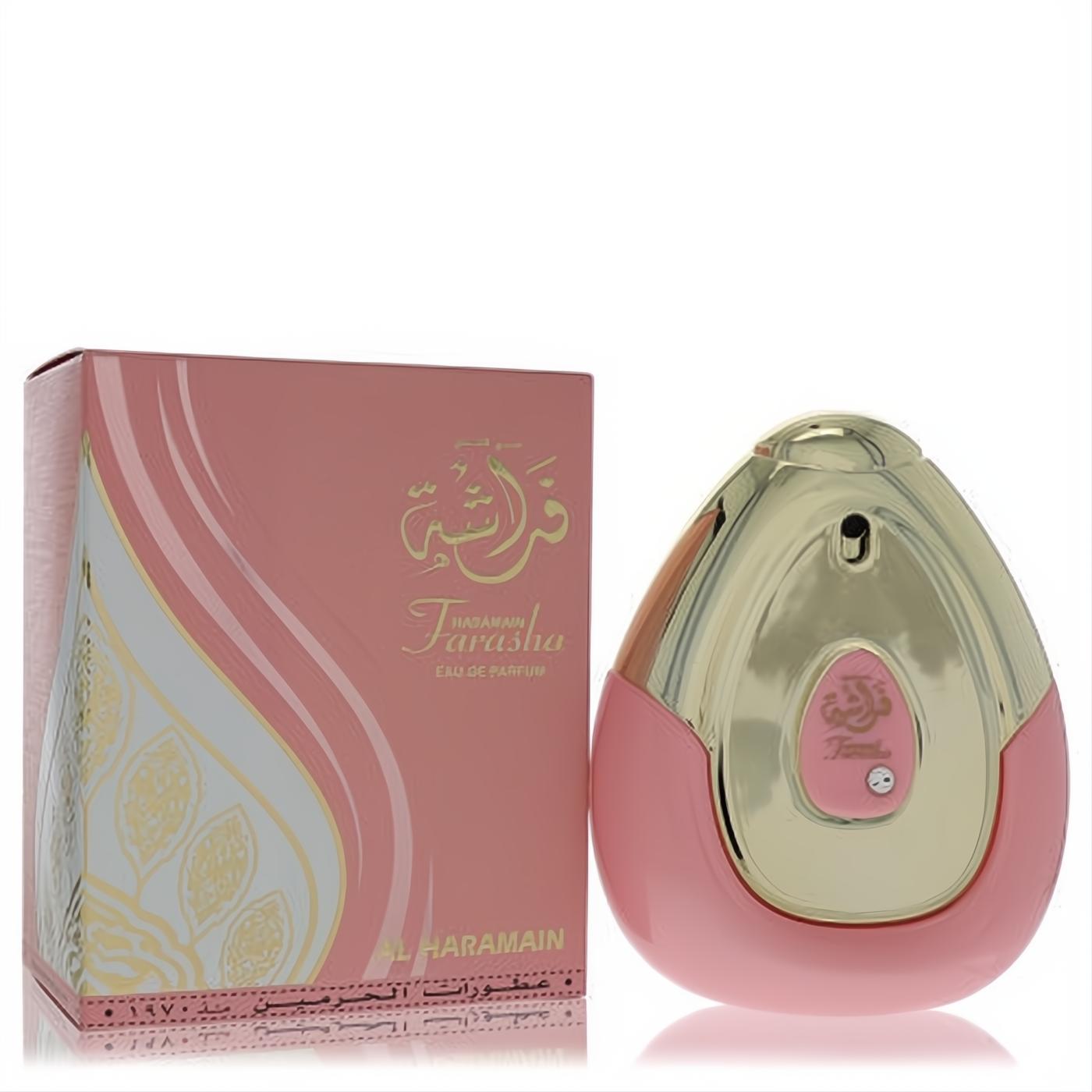 Luxurious Al Haramain Farasha 3.3 oz EDP in a captivating pink and gold teardrop bottle, showcased with its elegant matching box.
