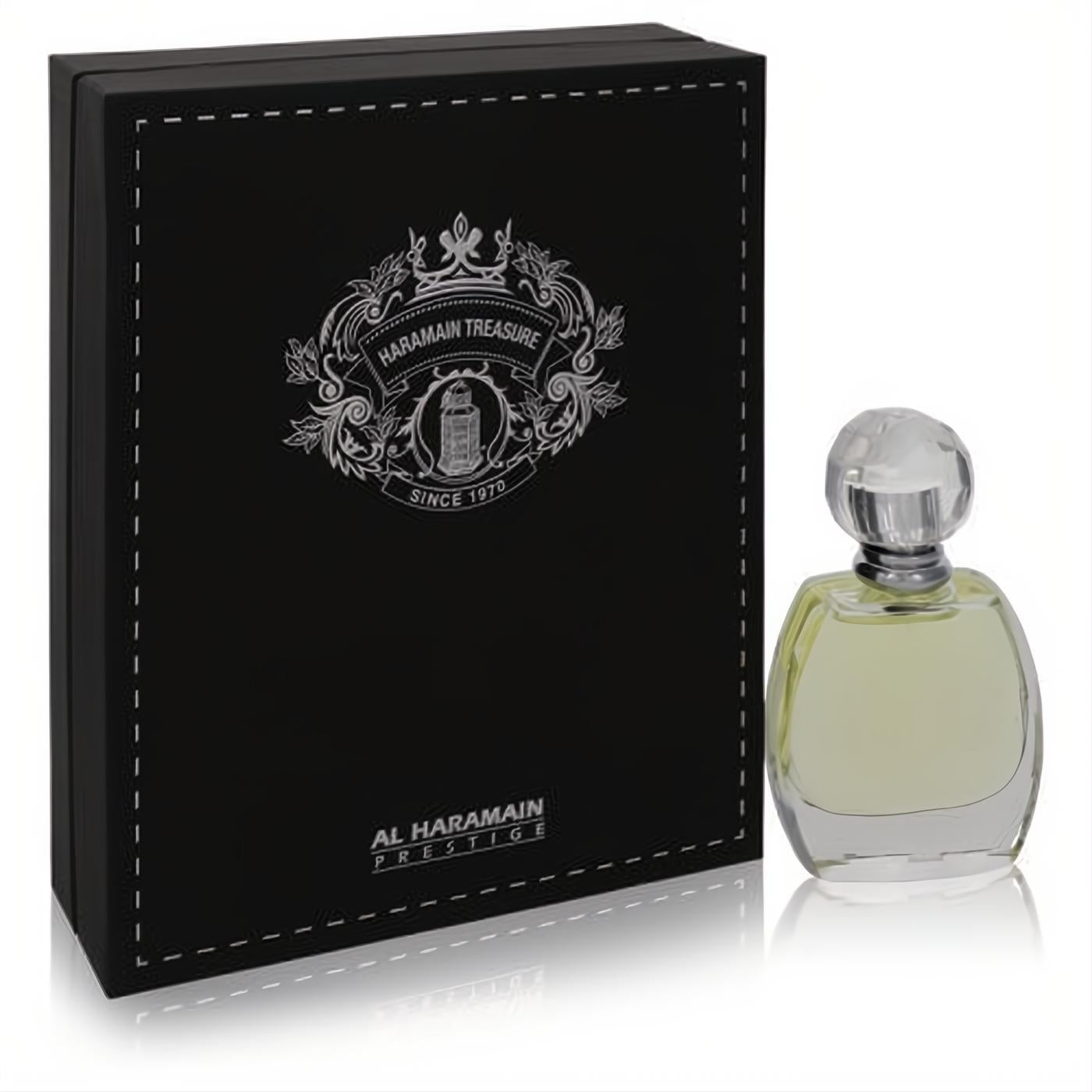 Elegant Al Haramain Treasure 2.4 oz unisex EDP. Distinctive black box with silver crest, clear bottle, faceted cap.
