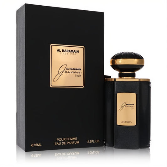 Al Haramain Junoon Noir 2.5 oz EDP. Elegant matte black box and textured bottle with luxurious gold details.