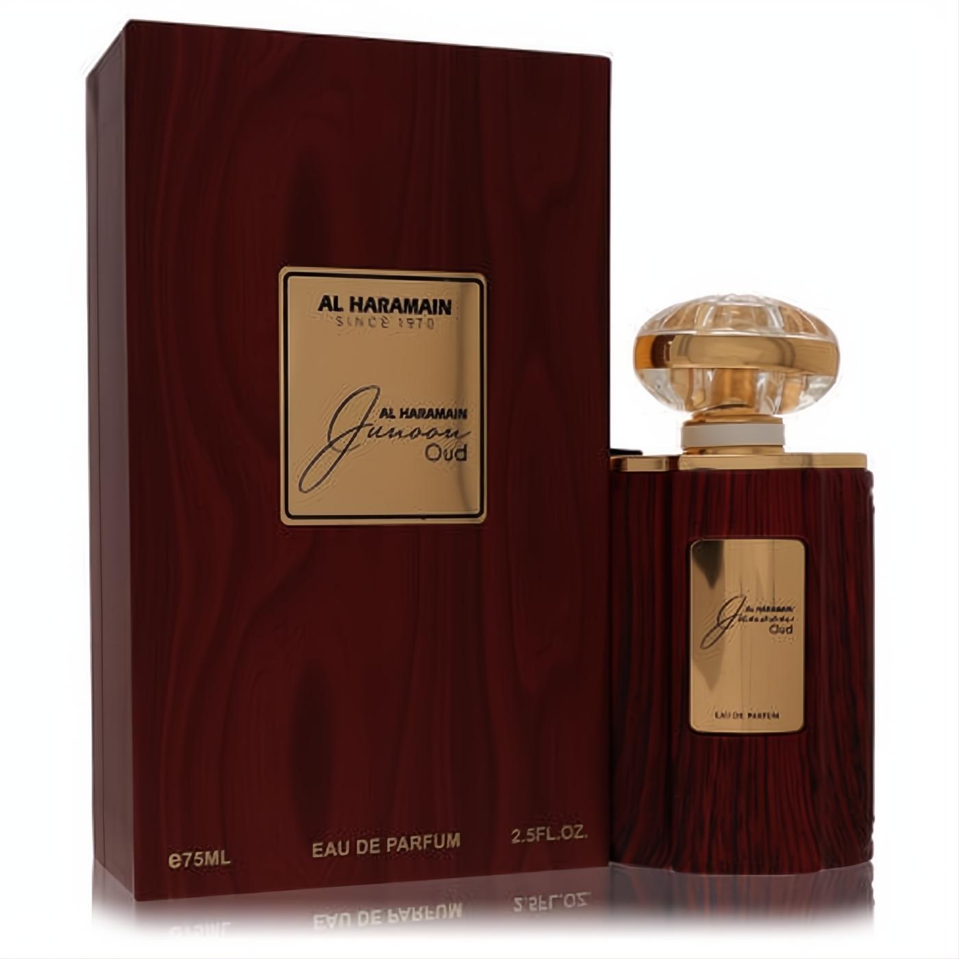 Luxurious Al Haramain Junoon Oud 2.5 oz EDP in a rich dark wood-grain bottle with elegant gold accents and matching box.