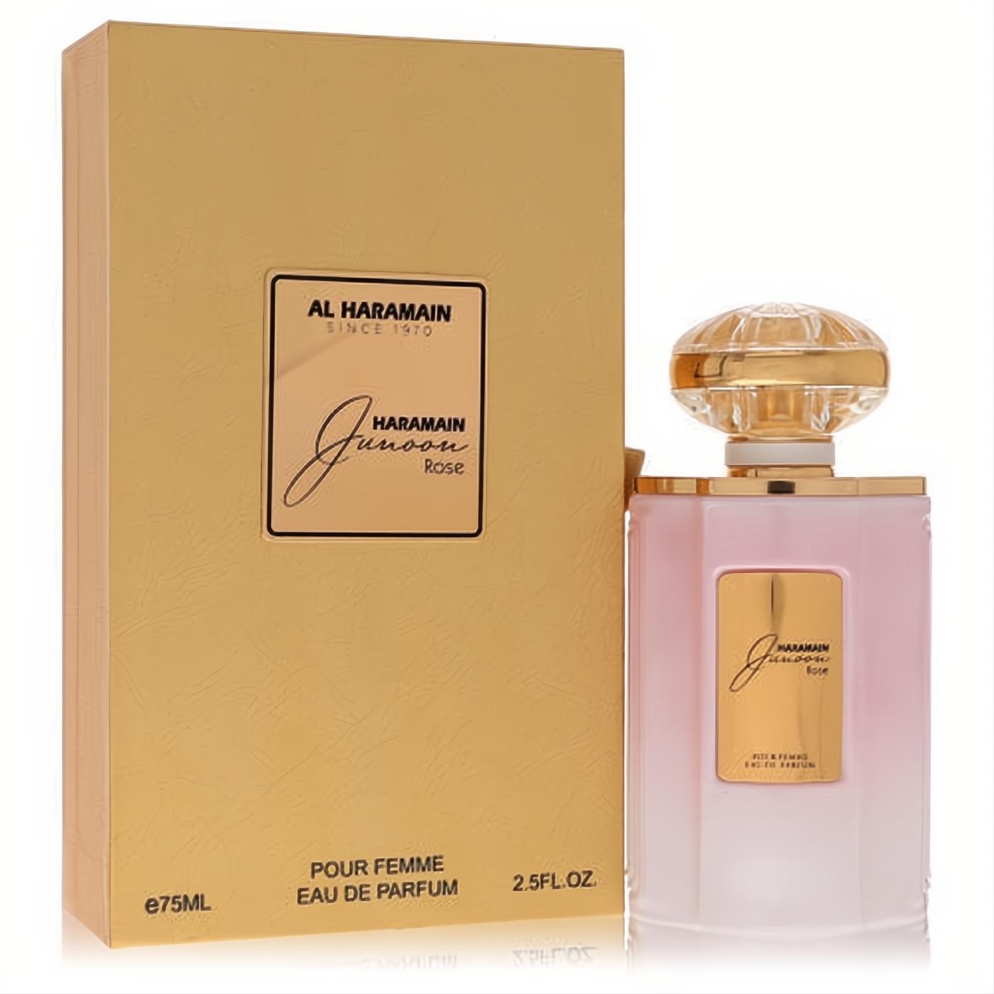 Luxurious Al Haramain Junoon Rose 2.5 oz EDP spray in a captivating pink frosted bottle with ornate gold cap and matching gold box.