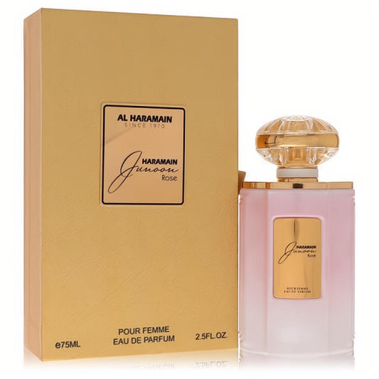 Luxurious Al Haramain Junoon Rose 2.5 oz EDP spray in a captivating pink frosted bottle with ornate gold cap and matching gold box.