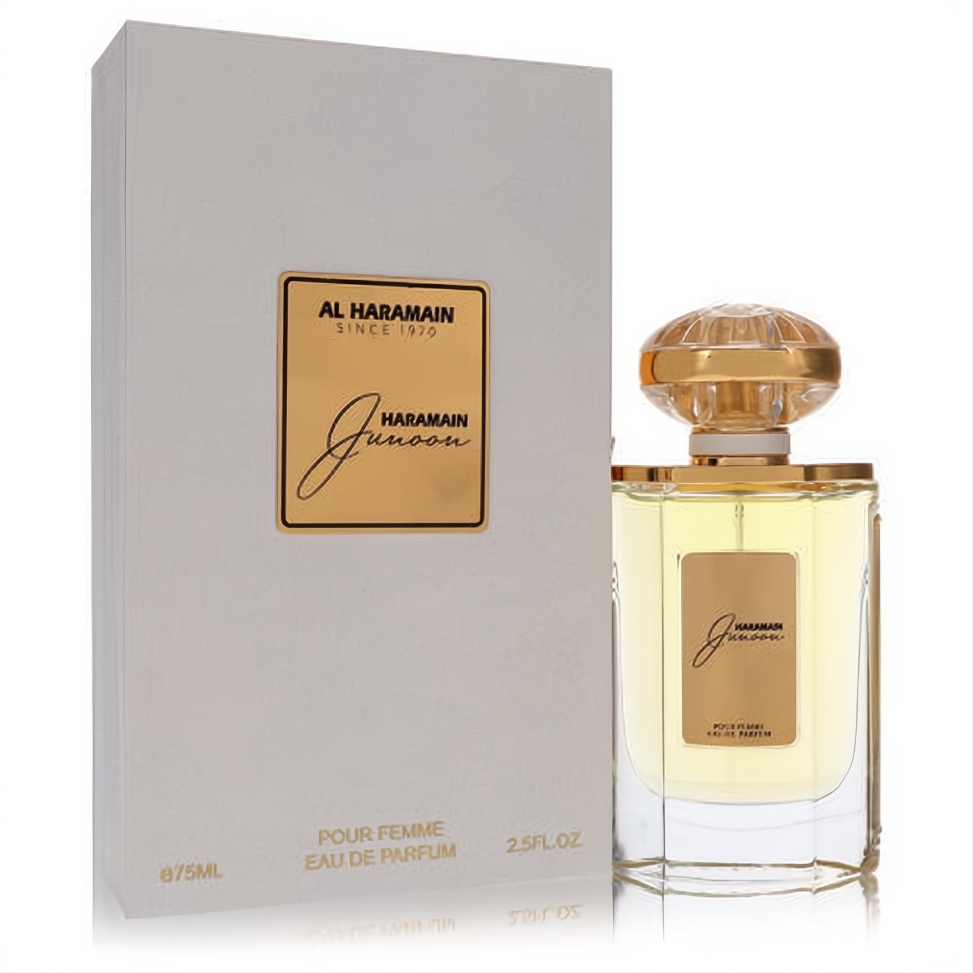 Al Haramain Junoon 2.5 oz EDP for women. Clear glass bottle with light amber liquid, ornate gold cap, and elegant white box.