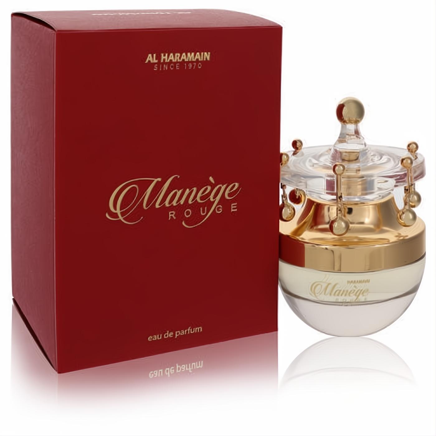 Elegant Al Haramain Manege Rouge 2.5 oz EDP in a unique gold, white, and clear crown-top bottle beside its rich red box.