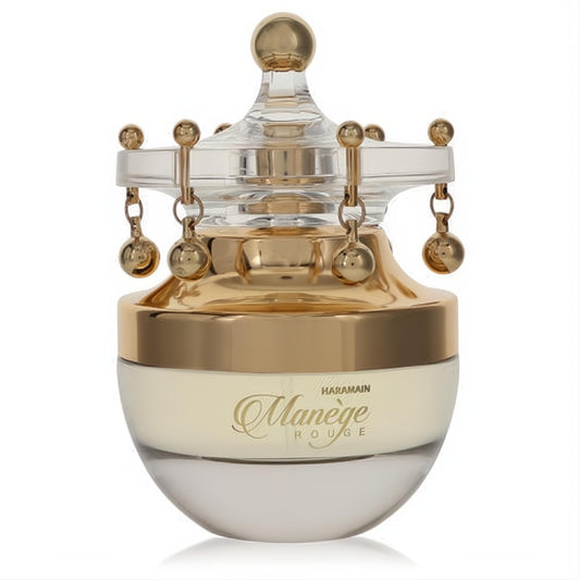 Luxurious Al Haramain Manege Rouge perfume bottle. Features an elegant gold, clear, and cream design with a unique crown cap and dangling charms.