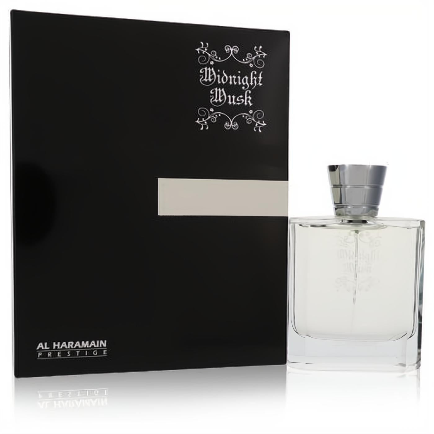 Al Haramain Midnight Musk 3.4 oz unisex EDP. Sleek clear glass bottle with silver cap, next to its elegant black and silver box.