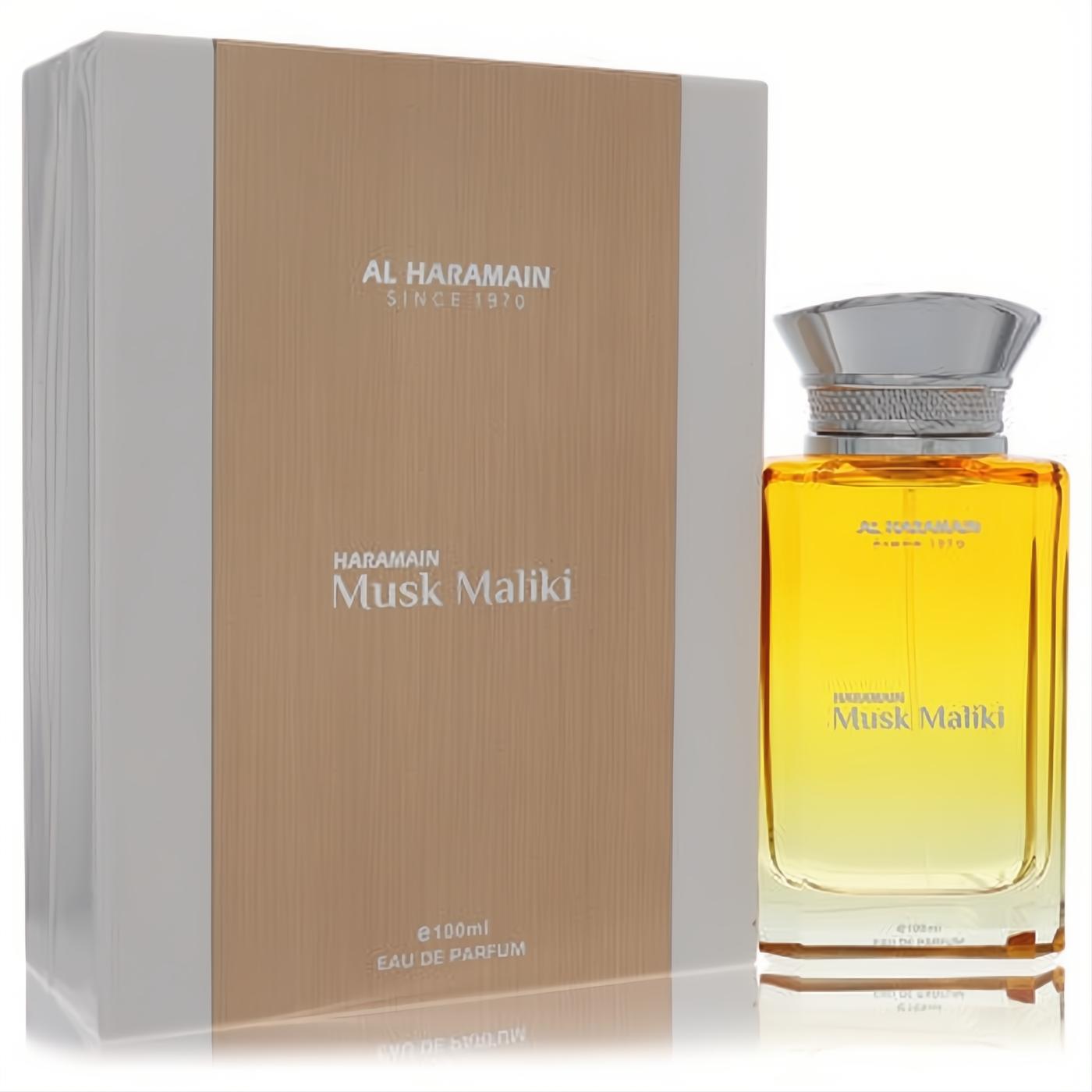 Experience Al Haramain Musk Maliki 3.4 oz unisex Eau De Parfum. Golden bottle, silver cap, elegant white & beige box.