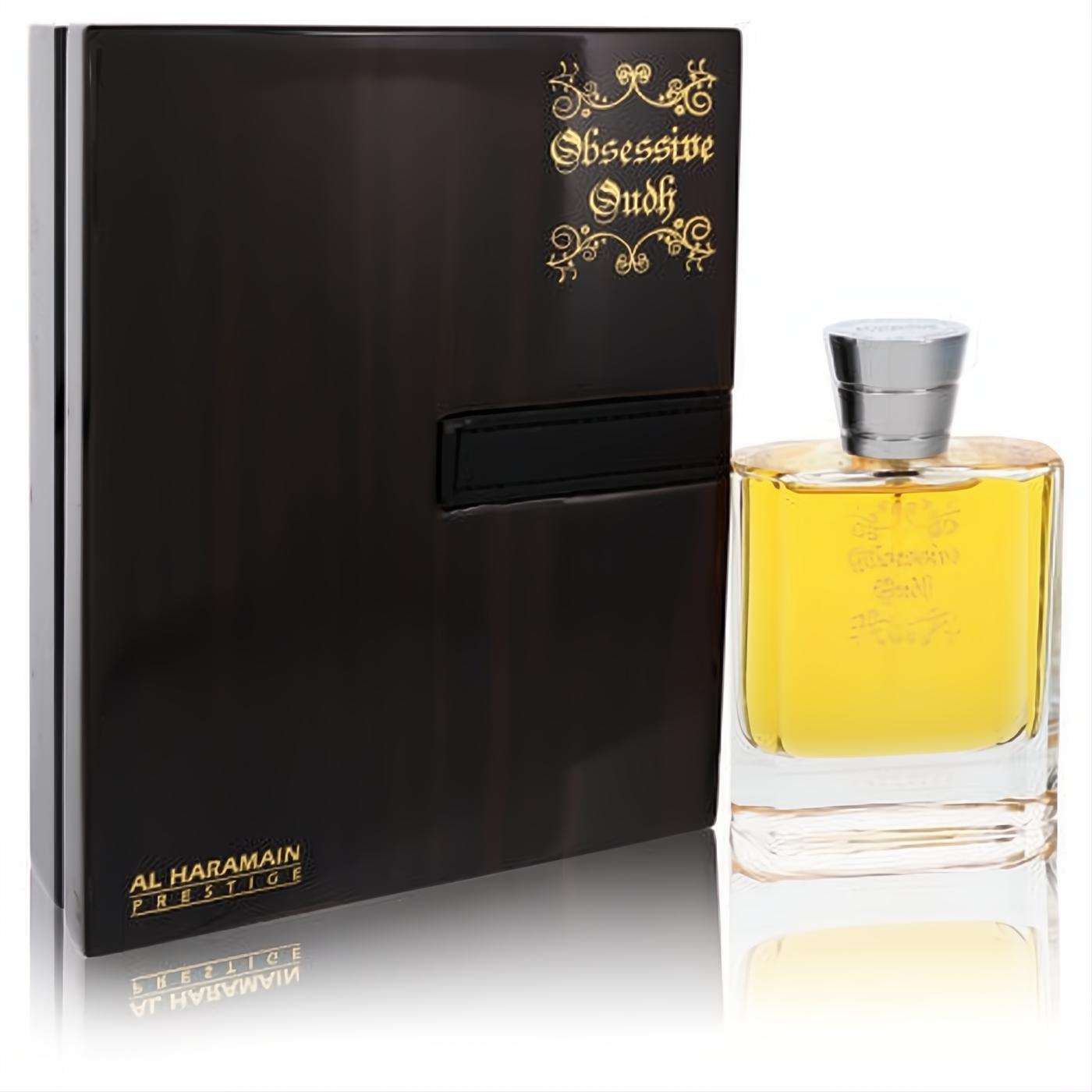 Discover Al Haramain Obsessive Oudh unisex perfume. Dark brown textured box, gold script, and elegant clear glass bottle with rich golden fragrance.
