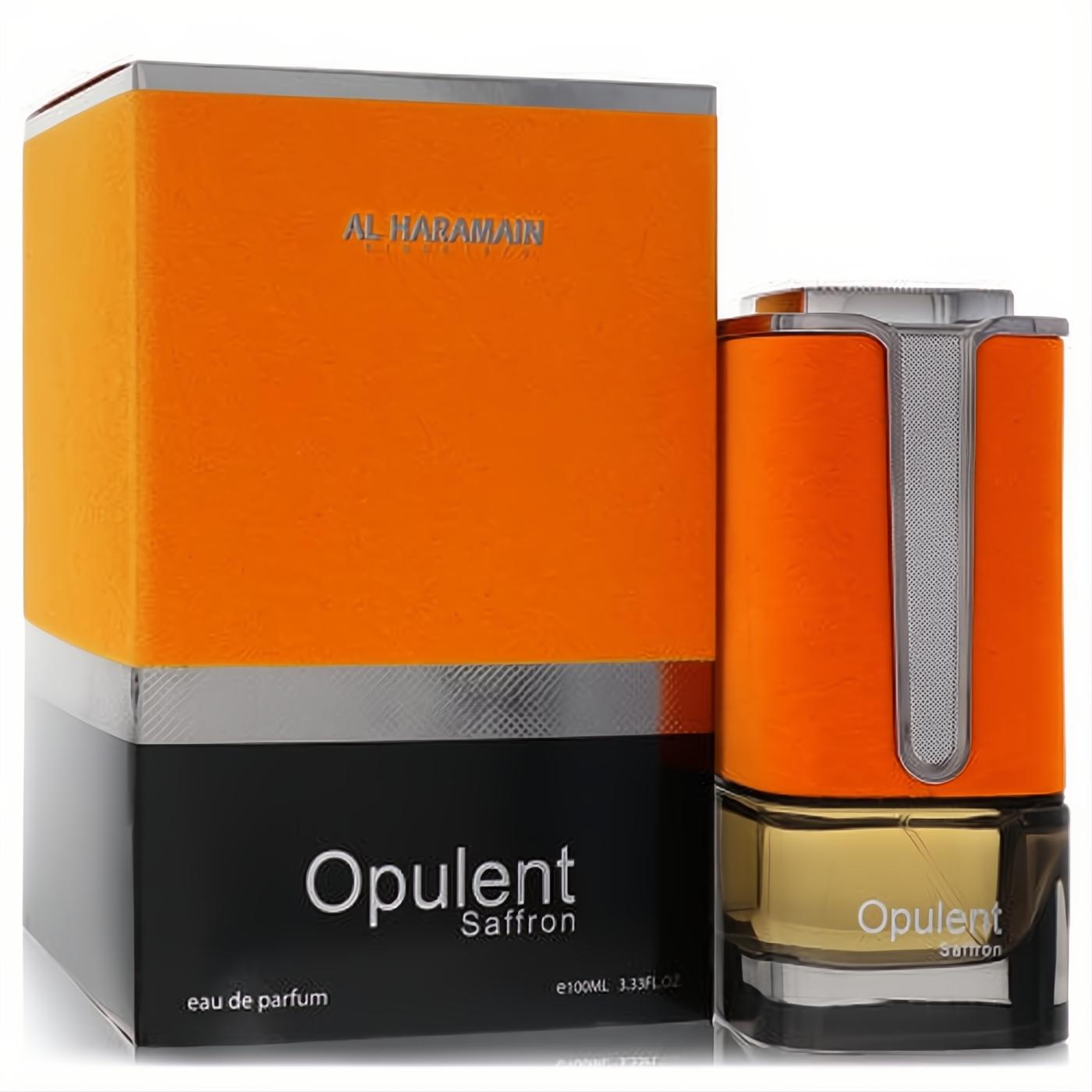 Al Haramain Opulent Saffron unisex eau de parfum. Vibrant orange and silver 3.3 oz bottle with sleek metallic design, presented with its matching box.