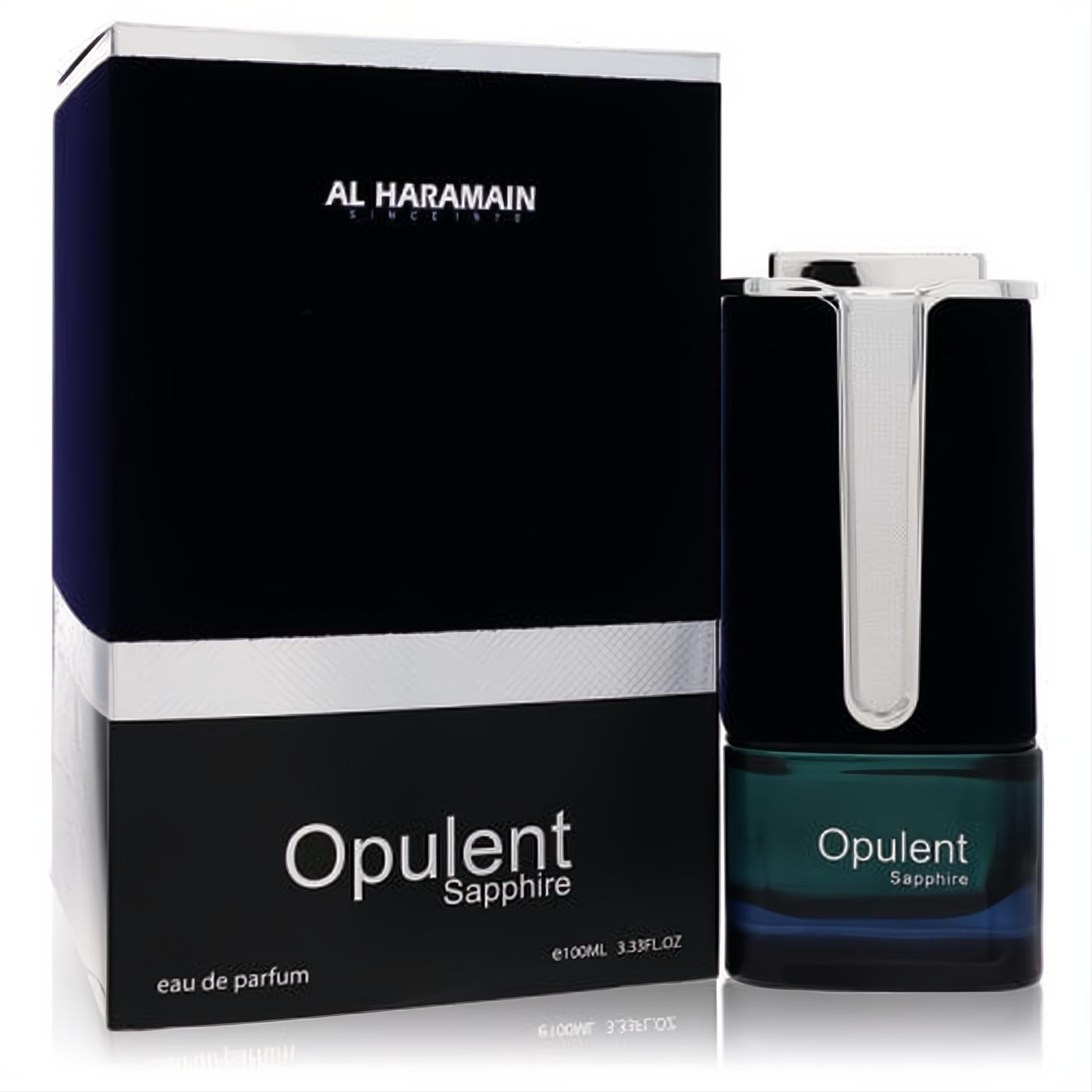 Al Haramain Opulent Sapphire unisex 3.3 oz eau de parfum. Sleek dark blue and silver box with an elegant glass bottle, teal base, and silver cap.