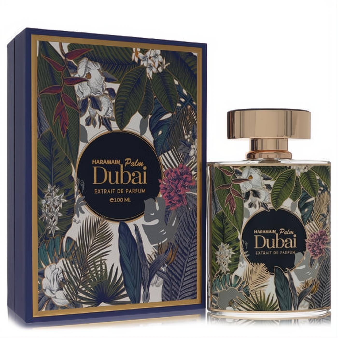 Elegant Al Haramain Palm Dubai Extrait De Parfum 3.3 oz. Gold-capped bottle & blue box with lush tropical leaf pattern.