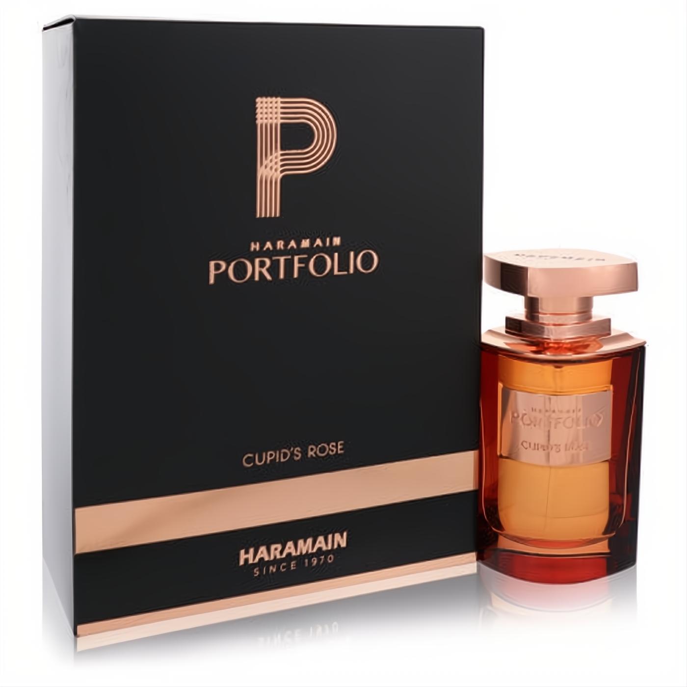 Captivating Al Haramain Portfolio Cupid's Rose 2.5 oz unisex EDP. Elegant black box with rose gold accents and amber glass bottle.