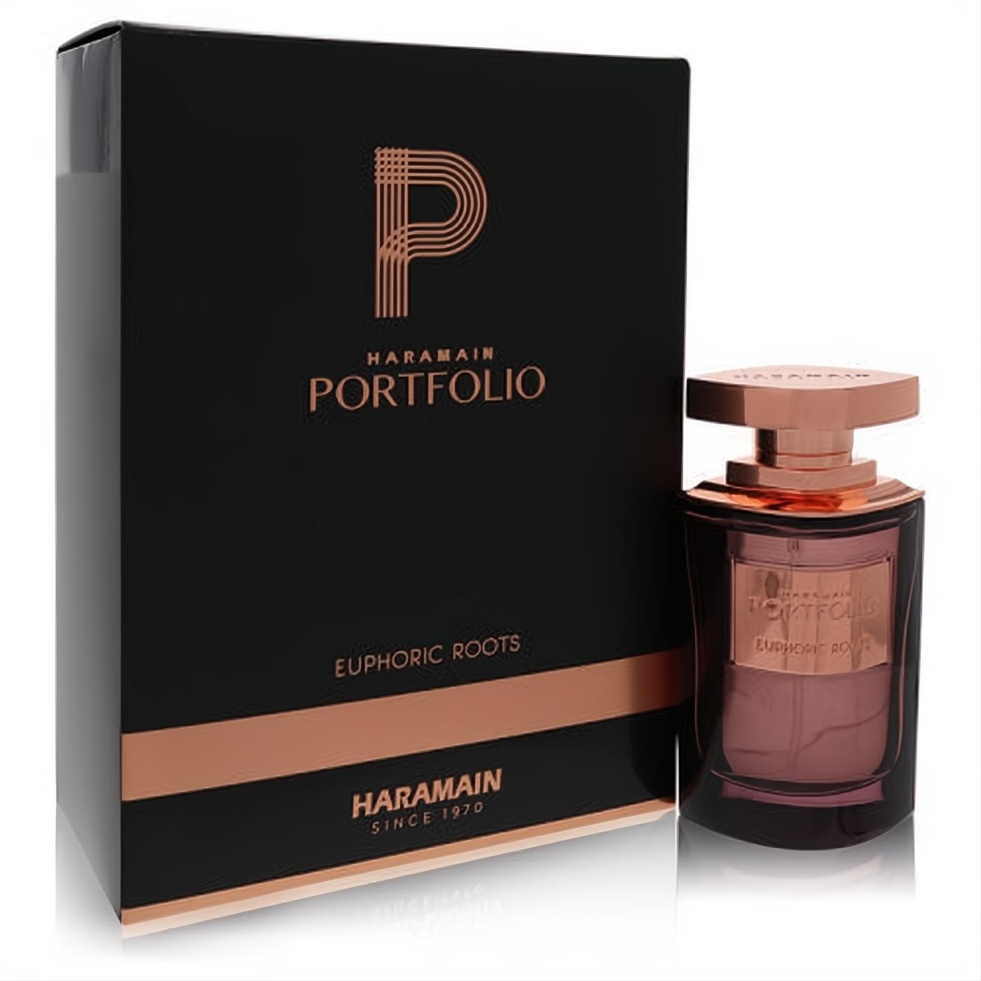Al Haramain Portfolio Euphoric Roots unisex EDP. Luxurious black box, rose gold accents, elegant dark glass bottle with amber liquid.