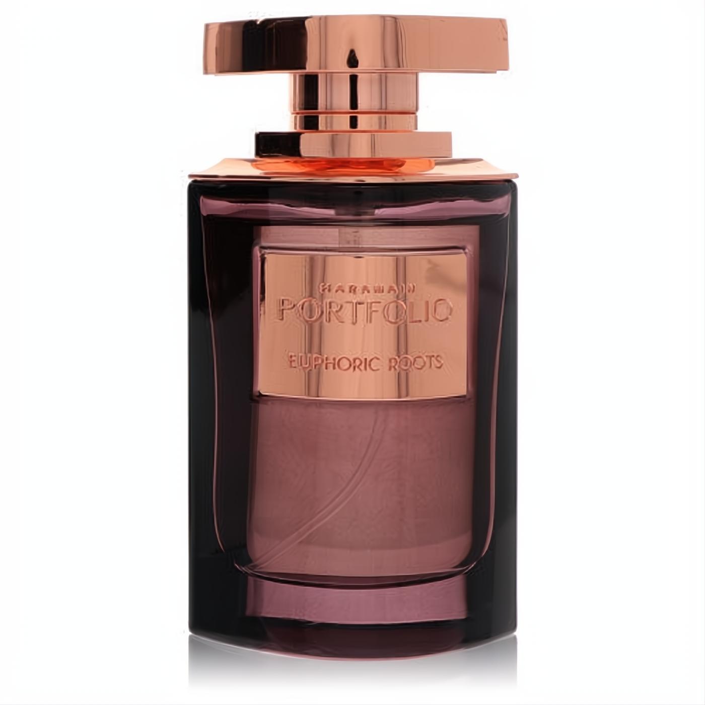 Al Haramain Portfolio Euphoric Roots Eau De Parfum in a sleek dark glass bottle with a luxurious rose gold cap and label.