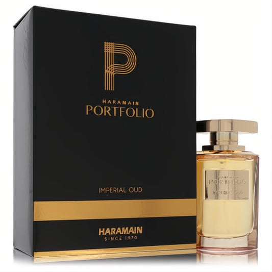 Experience Al Haramain Portfolio Imperial Oud 2.5 oz unisex EDP. Luxurious black and gold box with a clear bottle of golden fragrance.