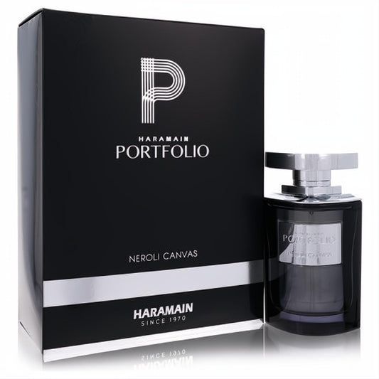Al Haramain Portfolio Neroli Canvas 2.5 oz men's EDP. Luxurious black box and dark glass bottle with sleek silver design.