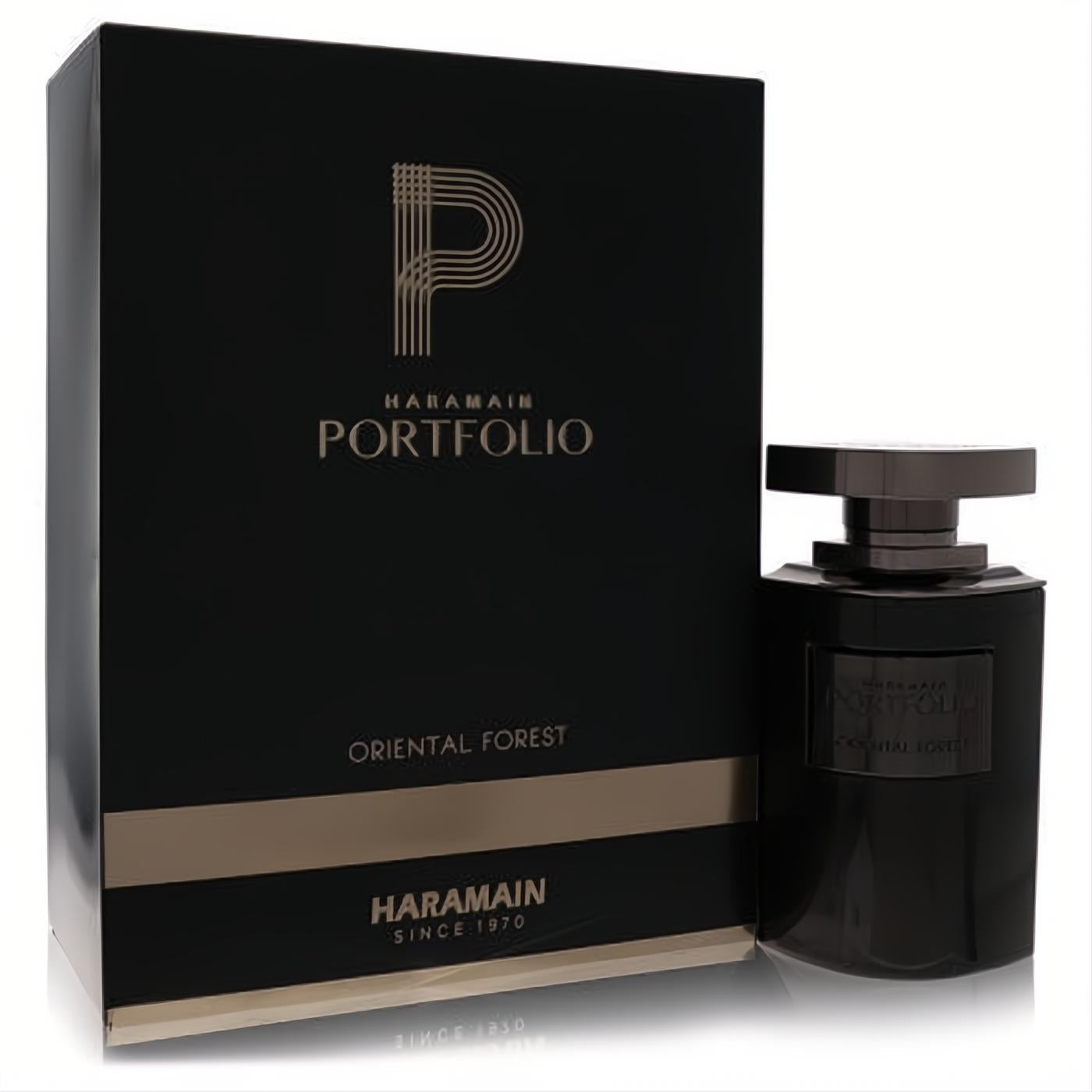 Discover Al Haramain Portfolio Oriental Forest 2.5 oz men's EDP. Sleek black bottle and elegant gold-accented box.