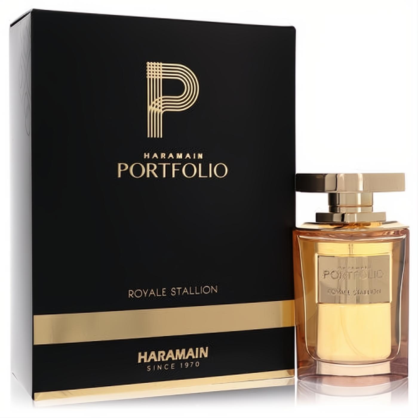 Al Haramain Portfolio Royale Stallion 2.5 oz men's EDP. Amber glass bottle with gold cap, beside a striking black and gold luxury box.
