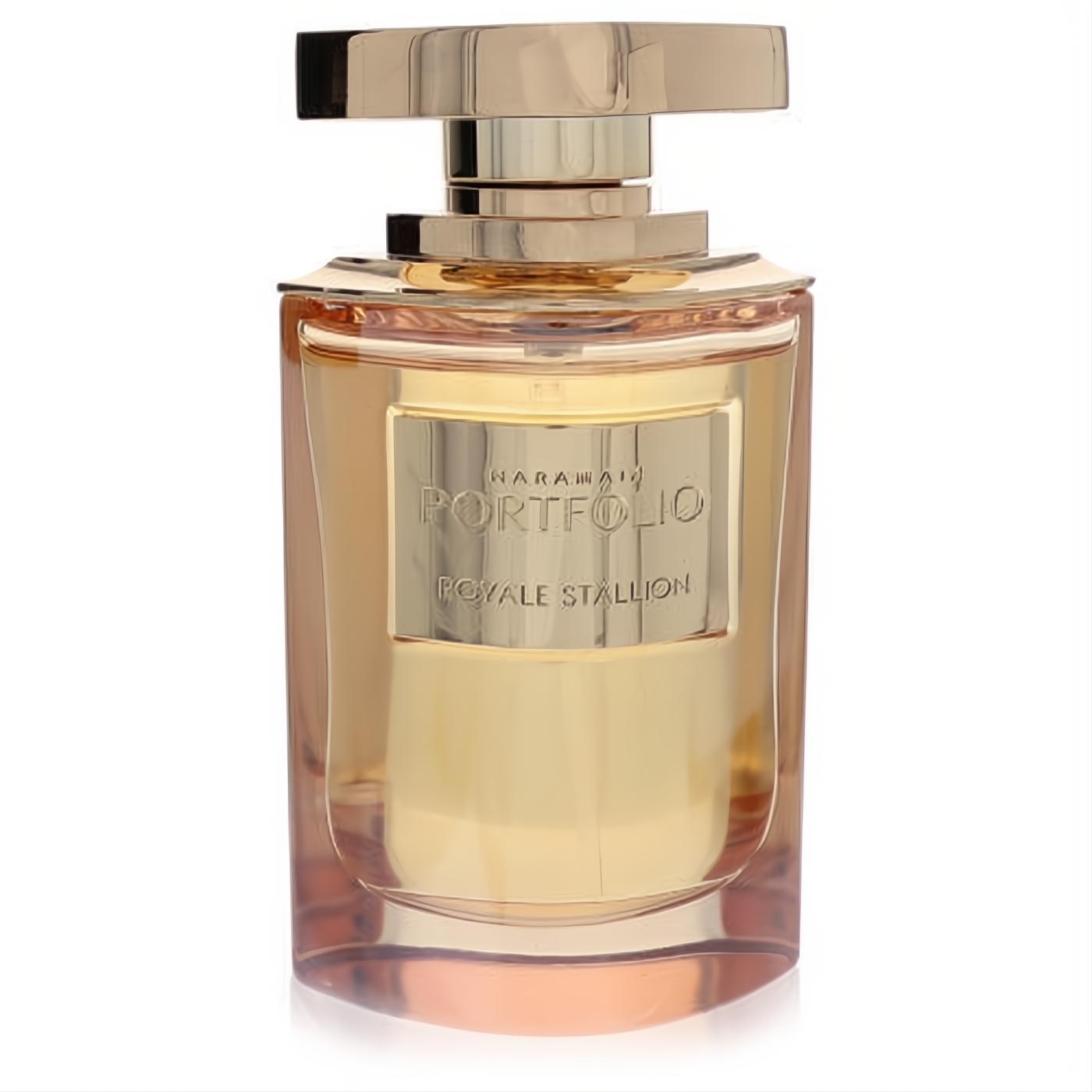 Al Haramain Portfolio Royale Stallion men's fragrance. Luxurious gold-accented bottle with sleek metallic cap and amber liquid.