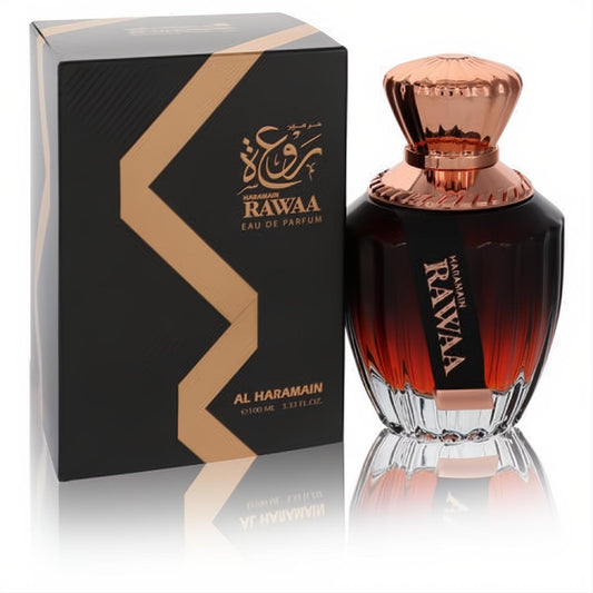 Al Haramain Rawaa 3.3 oz unisex EDP. Luxurious dark red gradient bottle with ornate rose gold cap and elegant black/gold box.