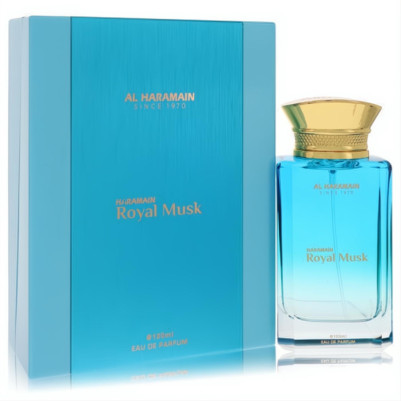 Elegant Al Haramain Royal Musk 3.3 oz unisex EDP in a vibrant turquoise bottle with gold cap, beside its matching box.
