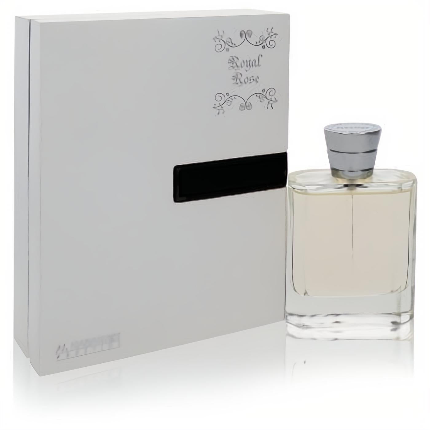 Al Haramain Royal Rose 3.4 oz EDP. Clear glass bottle with silver cap and elegant white box featuring silver script.