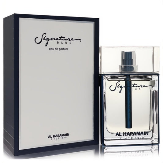 Al Haramain Signature Blue men's Eau De Parfum 3.3 oz. Sleek clear glass bottle with blue accents and matching white/blue box.