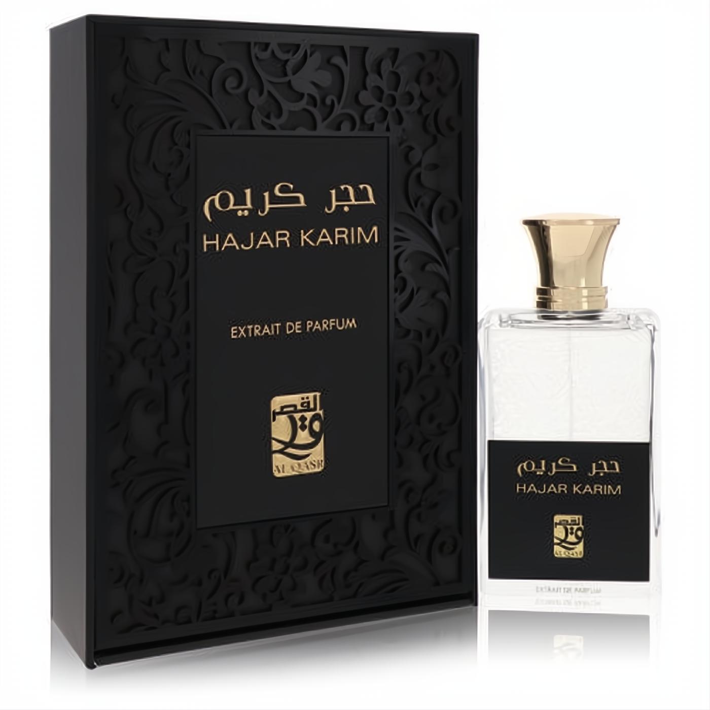 Al Qasr Hajar Karim 3.4 oz unisex Eau De Parfum. Clear bottle, gold cap, and luxurious black embossed box.
