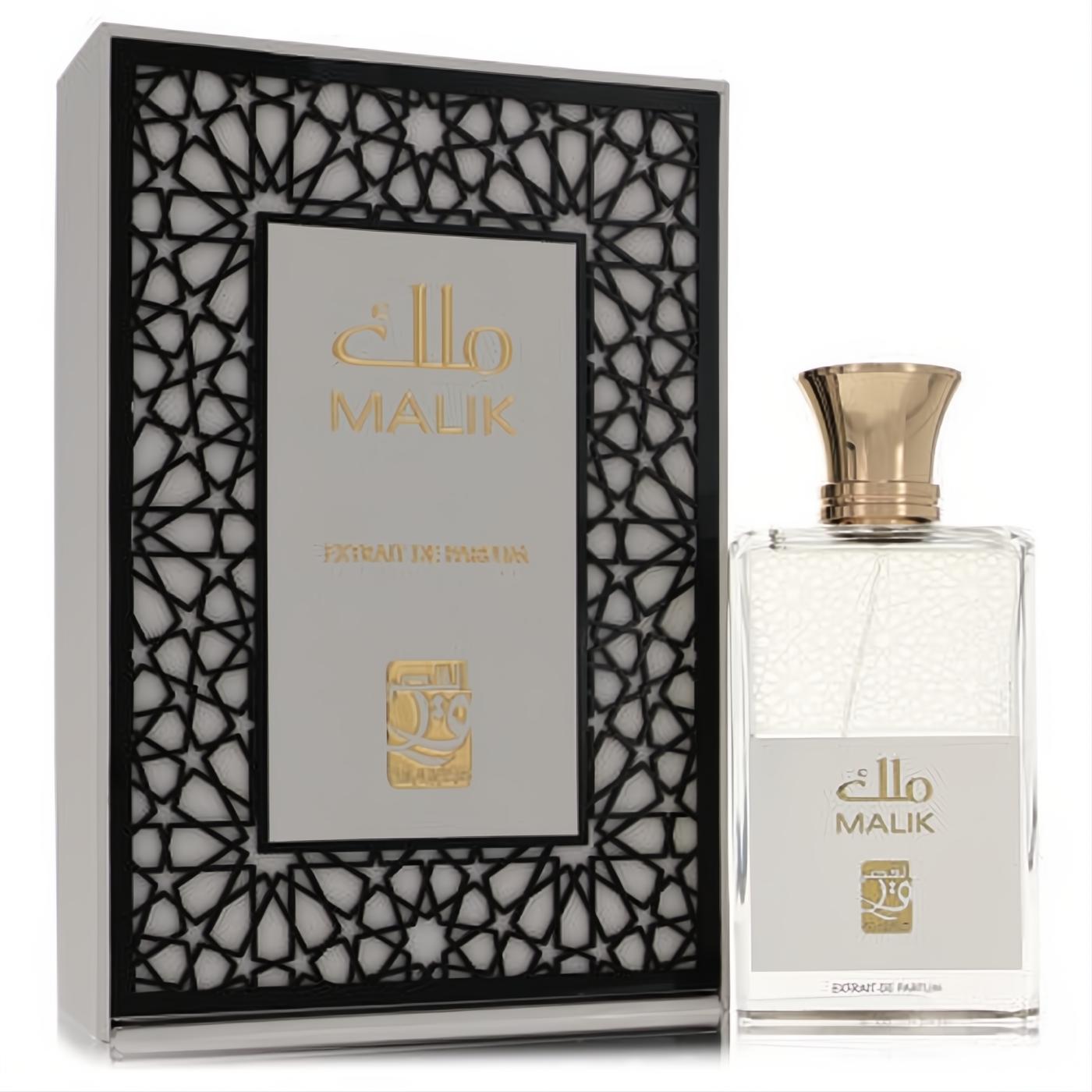Al Qasr Malik 3.4 oz unisex perfume. Elegant clear bottle with gold cap, white label, and matching white box with intricate black geometric design. Discover your captivating scent.