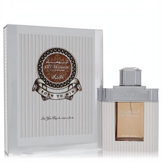 Unleash your winning spirit with Rasasi Al Wisam Day Born To Win 3.33 oz men's EDP, featuring a sleek silver bottle and elegant white packaging.