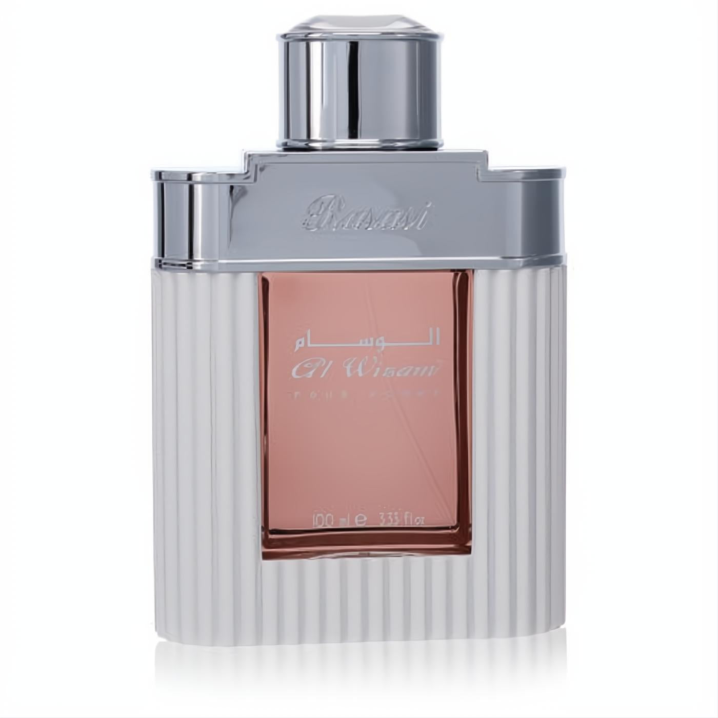 Rasasi Al Wisam Day Born To Win 3.33 oz men's Eau de Parfum. Elegant ribbed white bottle, silver cap, and captivating rose-gold liquid.