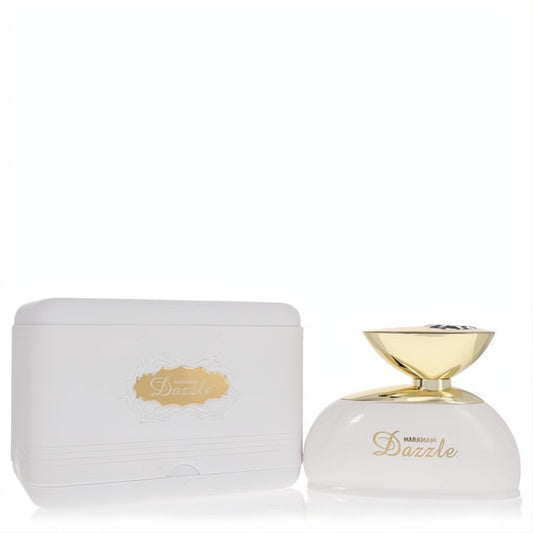 Al Haramain Dazzle 3 oz unisex Eau De Parfum: elegant white bottle with a striking gold cap and matching presentation case.