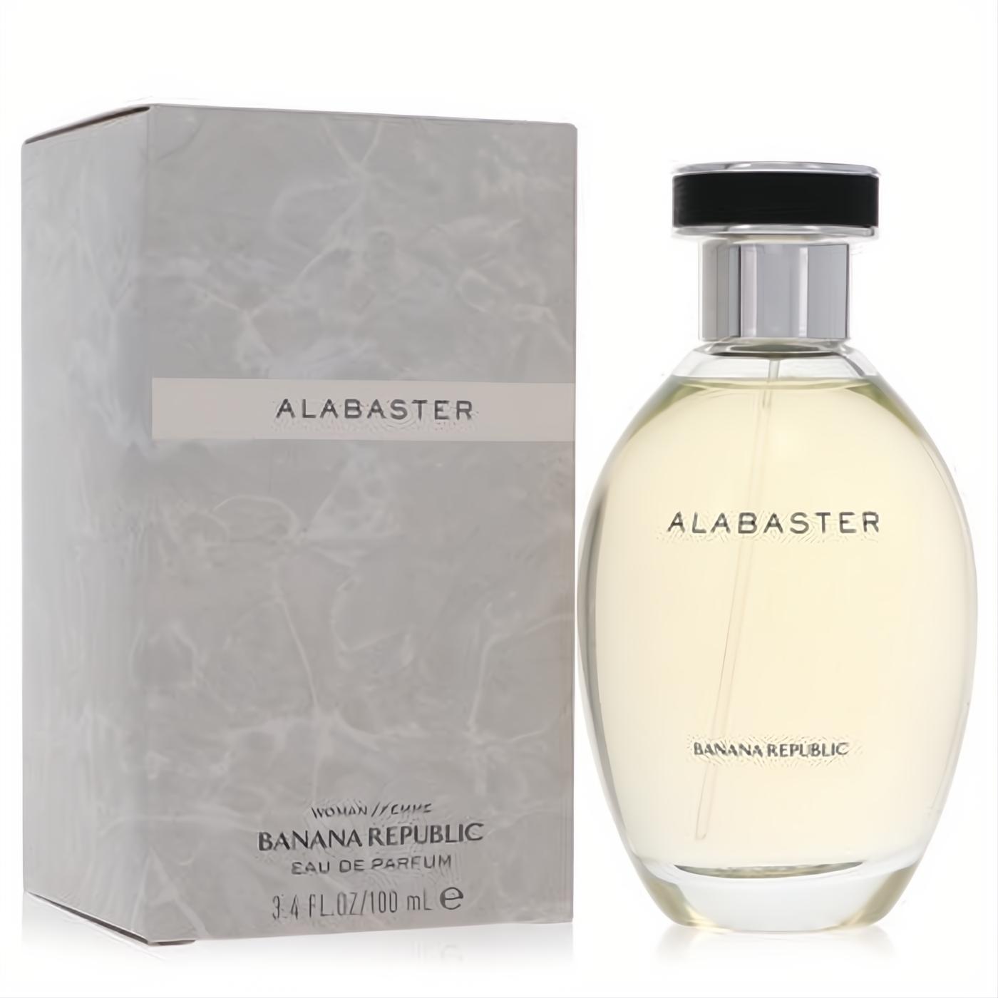 Sophisticated Banana Republic Alabaster 3.4 oz EDP. Clear oval bottle, light amber liquid, black cap, and elegant marble box.