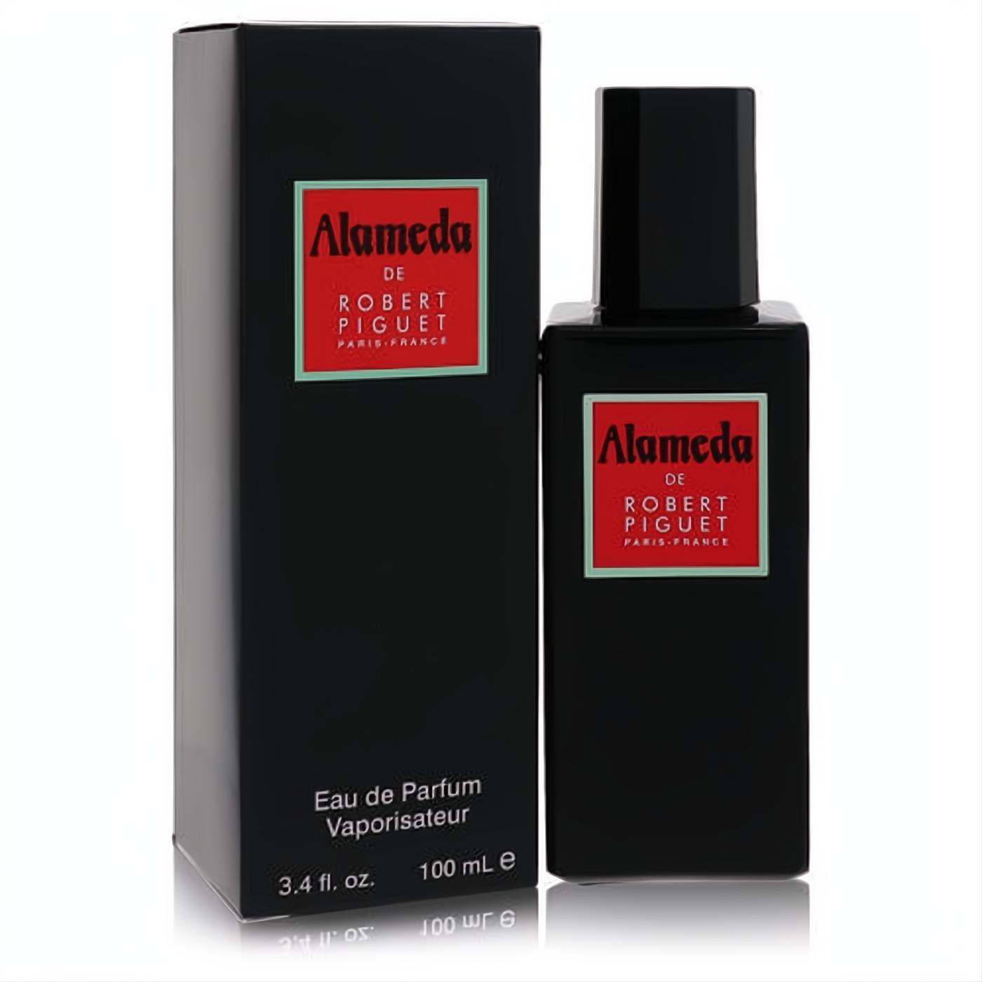 Elegant Alameda by Robert Piguet 3.4 oz Eau de Parfum in a sleek black bottle and matching box, featuring a striking red label.