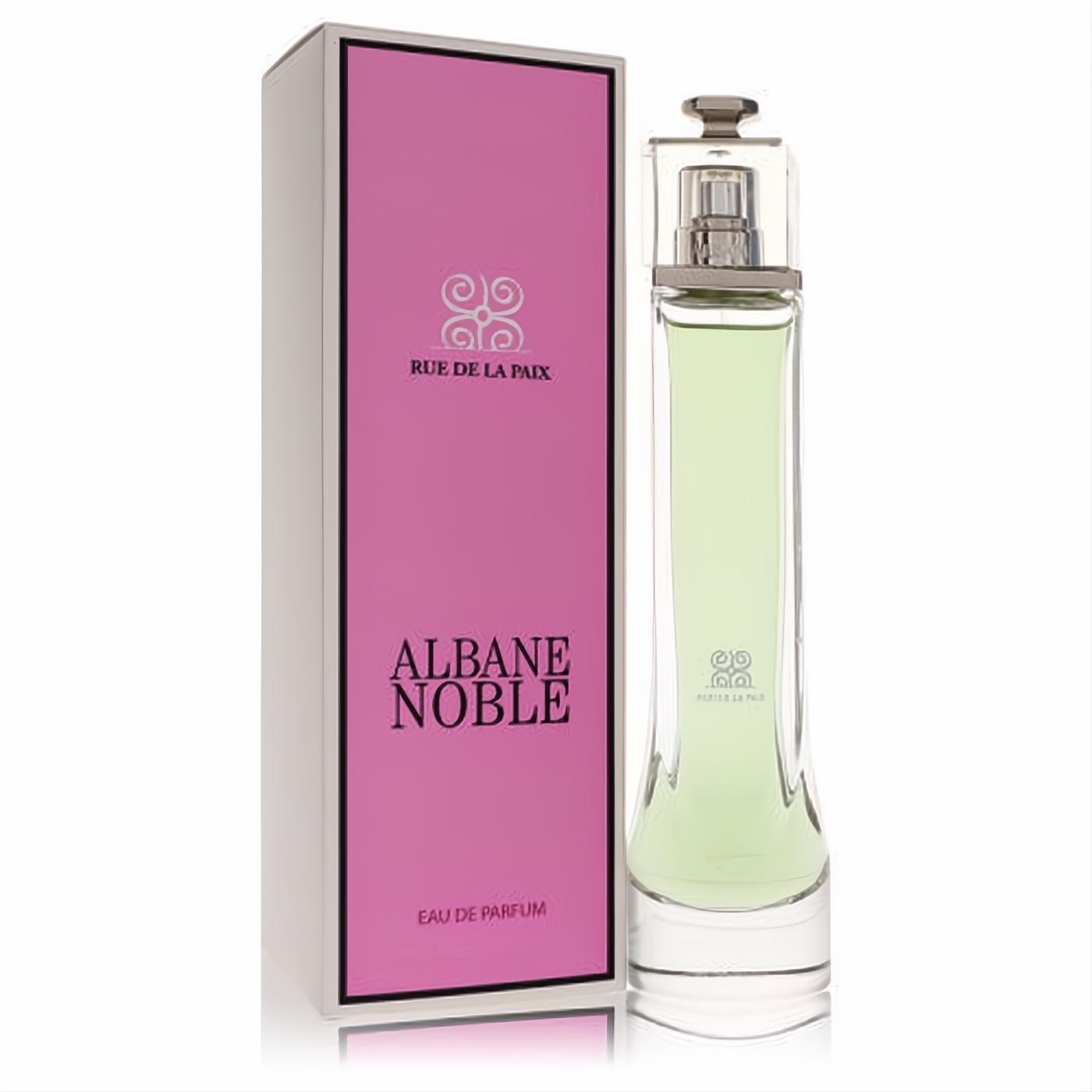 Albane Noble Rue De La Paix women's EDP. Elegant clear glass bottle with light green fragrance, next to a vibrant pink box.