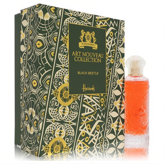 Alexandre J Black Beetle unisex EDP: vibrant orange liquid in an ornate glass bottle, with a luxurious green Art Nouveau box.