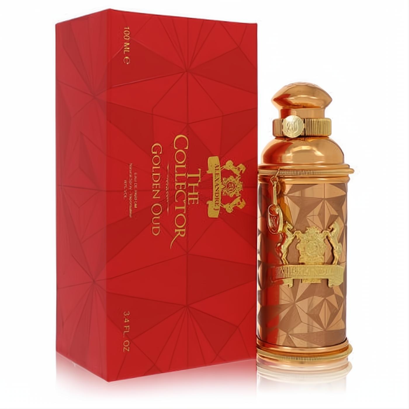 Alexandre J Golden Oud 3.4 oz EDP. Luxurious golden metallic bottle with ornate design and elegant red collector's box.