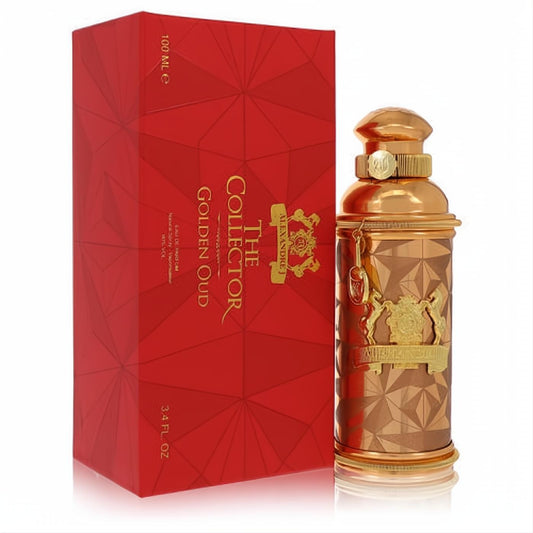 Alexandre J Golden Oud 3.4 oz EDP. Luxurious golden metallic bottle with ornate design and elegant red collector's box.