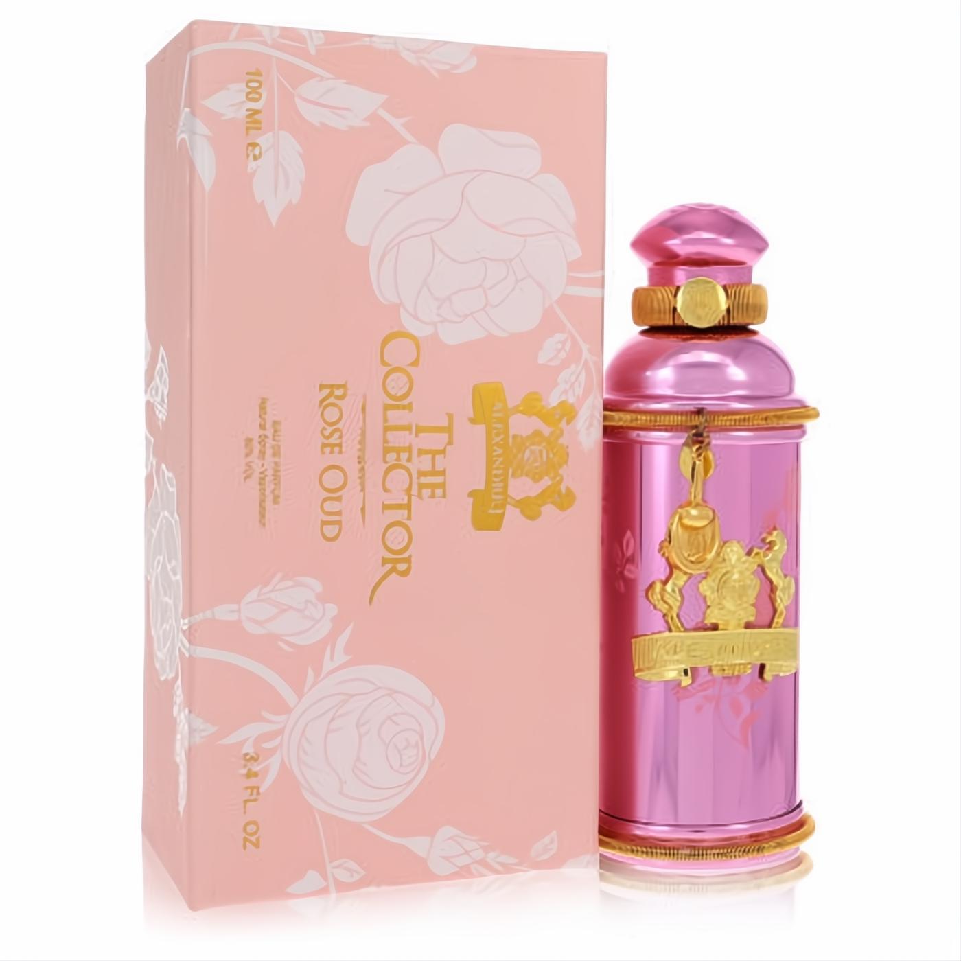 Exquisite Alexandre J Rose Oud 3.4 oz women's perfume. Shimmering metallic pink bottle with ornate gold details and a chic pink floral box.