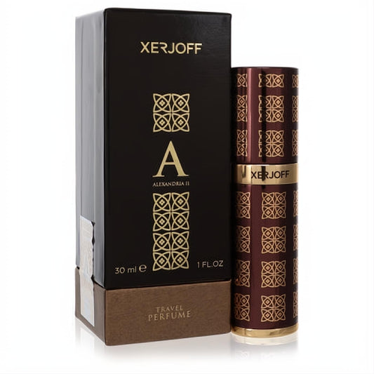 Xerjoff Alexandria II 1 oz unisex travel EDP. Rich burgundy bottle & box with luxurious gold pattern.