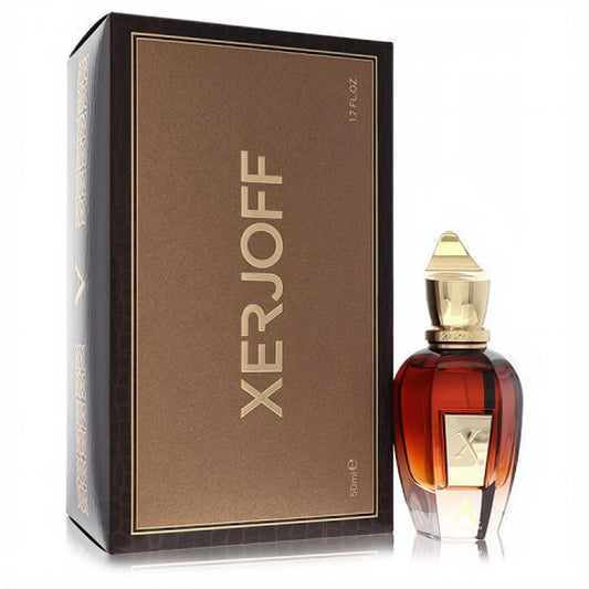 Xerjoff Alexandria II 1.7 oz unisex EDP. Rich amber bottle, ornate gold cap, and elegant brown box with textured trim.