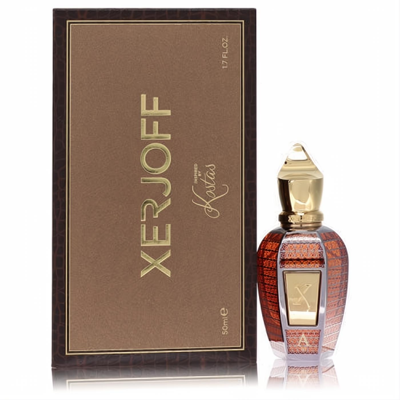 Xerjoff Alexandria III 1.7 oz perfume. Ornate amber bottle with gold 'X' logo, alongside its textured brown box.