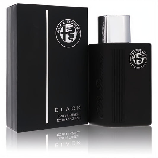Experience Alfa Romeo Black 4.2 oz EDT. Modern matte black bottle with embossed branding, sleek silver cap, and elegant box.