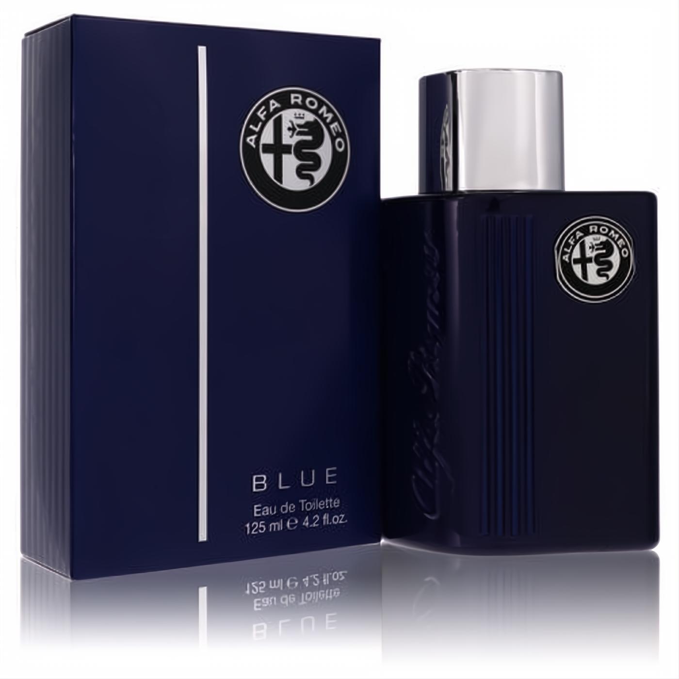 Alfa Romeo Blue 4.2 oz EDT for men. Elegant navy blue glass bottle with a sleek silver cap and matching box.