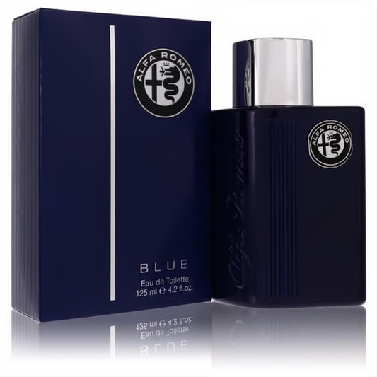 Alfa Romeo Blue 4.2 oz EDT for men. Elegant navy blue glass bottle with a sleek silver cap and matching box.