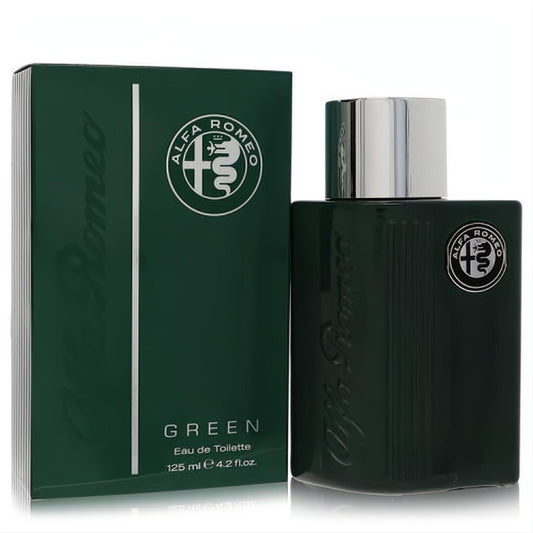 Discover Alfa Romeo Green EDT 4.2 oz men's cologne. Sleek dark green bottle with silver cap, iconic logo, and matching box.
