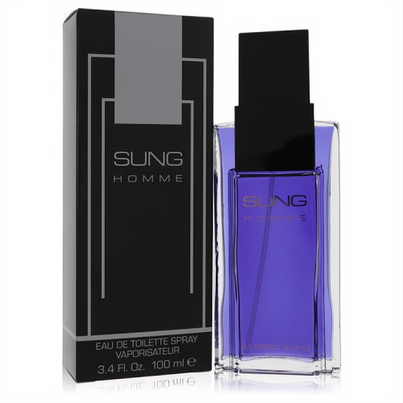 Alfred Sung Homme 3.4 oz EDT spray. Modern clear bottle with vibrant purple fragrance, black cap, and elegant black/silver box.