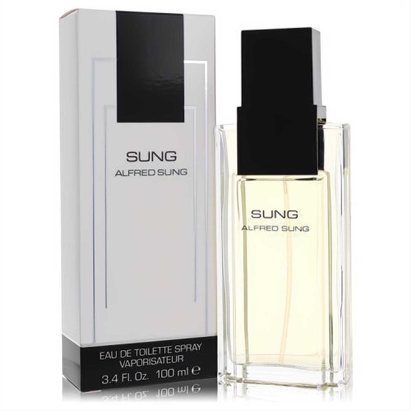 Alfred Sung 3.4 oz Eau De Toilette spray. Classic clear glass bottle with amber liquid, sleek black cap, and elegant white box.