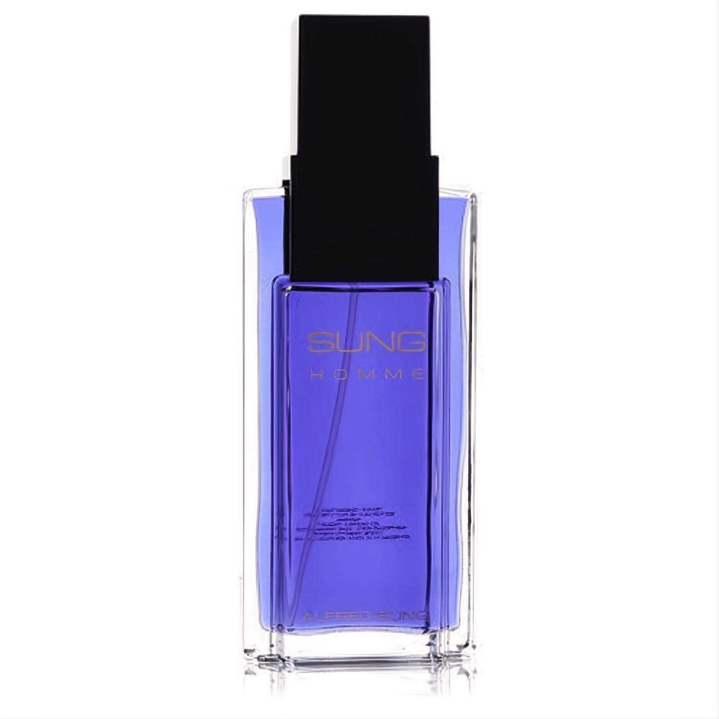 Vibrant Alfred Sung Homme EDT spray in a sleek clear glass bottle with a modern black cap.
