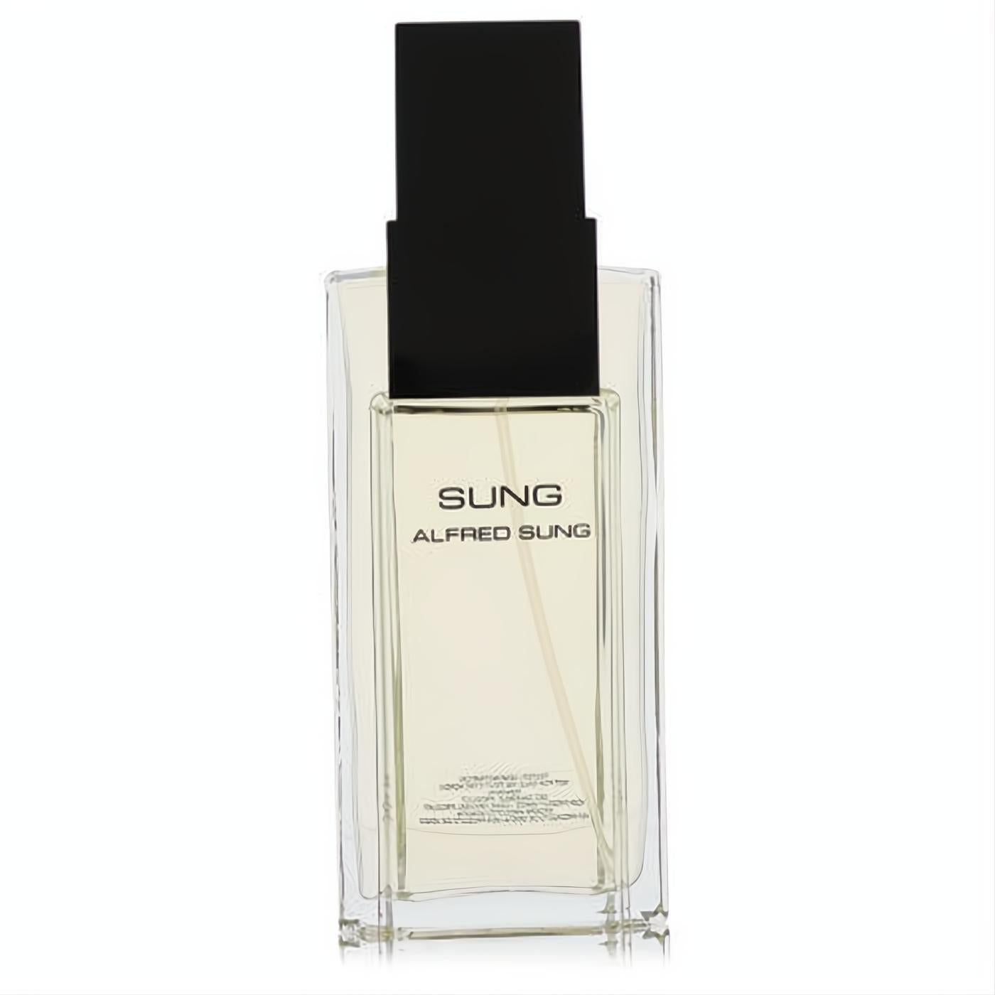 Alfred Sung SUNG women's 3.4 oz Eau De Toilette. Clear glass bottle with light amber fragrance and sleek black cap.